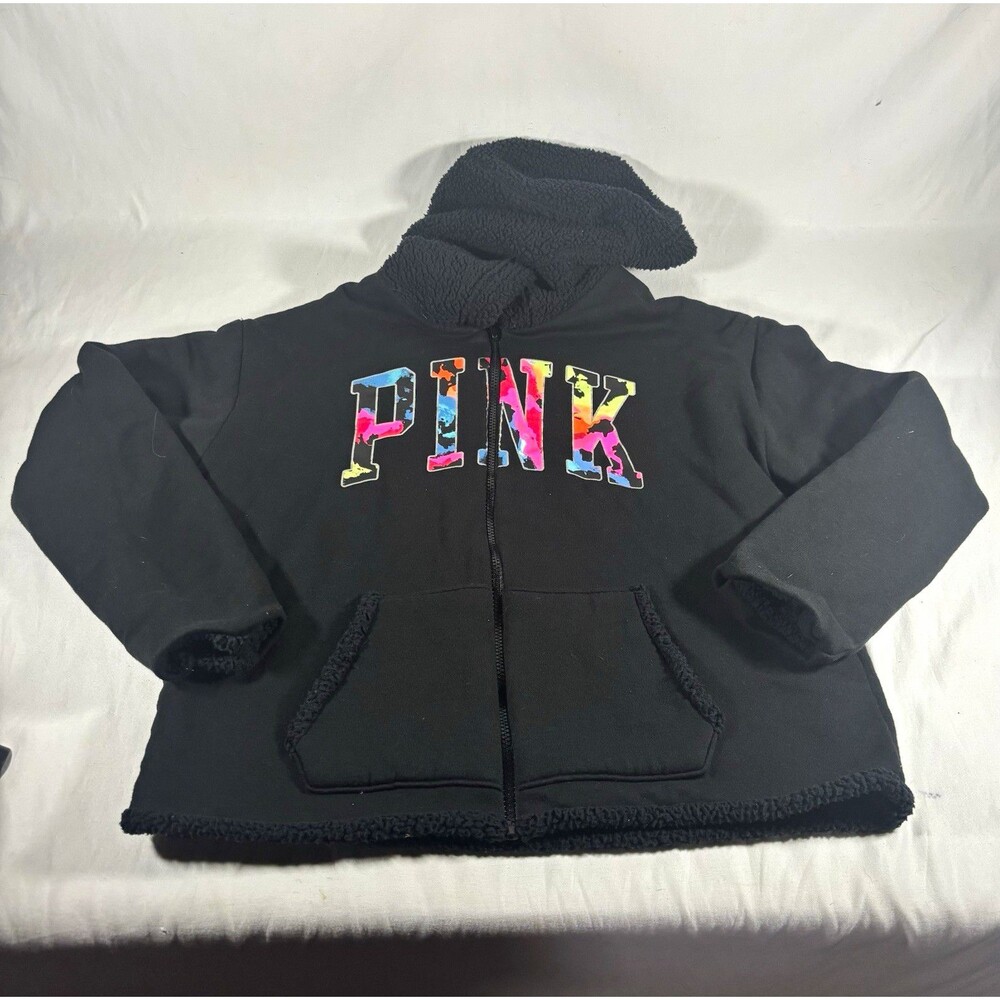 PINK Black Multicolor Logo Fleece Full Zip Hooded Hoodie Women’s Size S